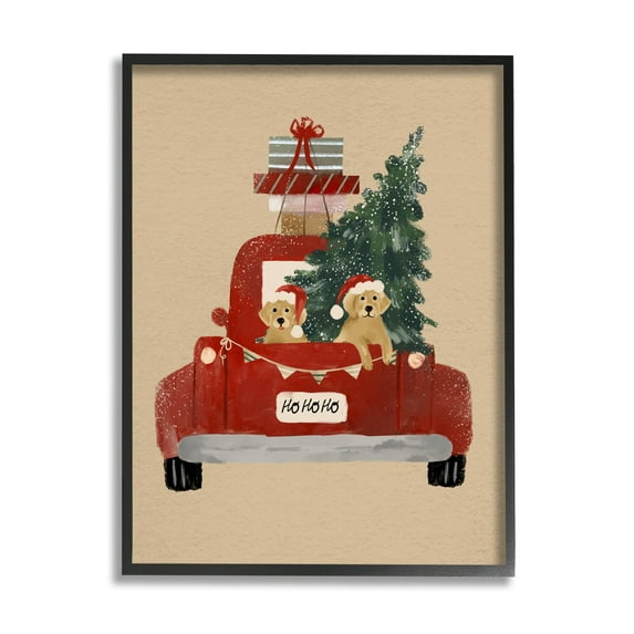 Dogs Wearing Festive Hats Christmas Tree Truck Animals & Insects Painting Framed Art Print Wall Art