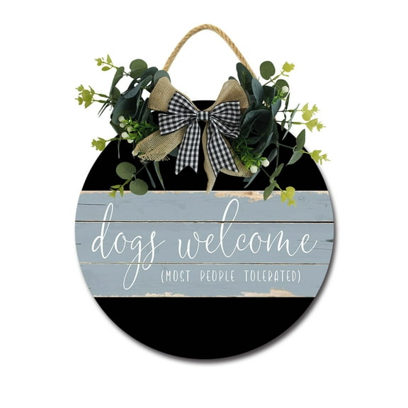 Dogs Welcome, Most People Tolerated Sign Farmhouse Wood Sign Front Porch Decor Rustic Wooden Sign Wall Decor Hanging Wooden Decorations with Bow-Knot for Home Porch Wall Door, 11 x 11 inch