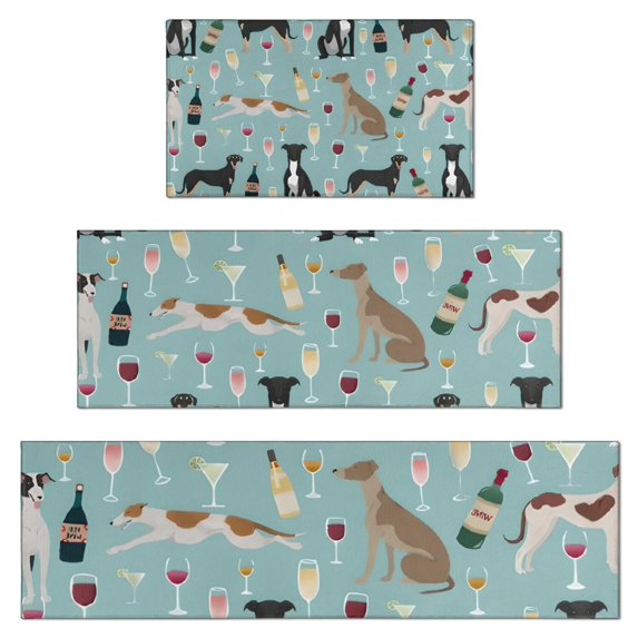 Dogs with Wine and Glasses Kitchen Rugs Sets Of 3,Kitchen Runner Rugs Non Skid Washable,Decorative Kitchen Floor Mats for Kitchen,Sink,Laundry,17"x30"+ 17"x47" + 17"x59"
