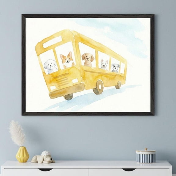 Dogs Yellow School Bus Playroom Wall Decor Unframed Paper Print