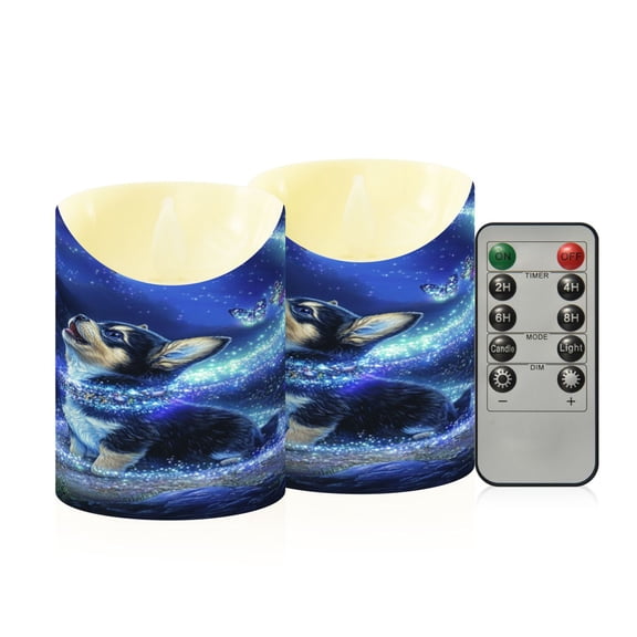 Dogs and Butterflies Flameless Candles 2 PCS with Remote Realistic Moving Flame LED Tapered Pillar Set for Home Decor