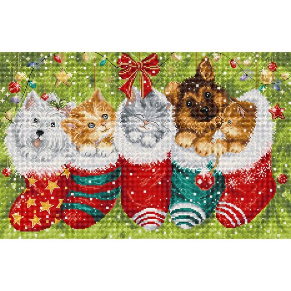 Wizardi Counted Cross Stitch Kit - Dogs and Cats in Stockings L9940 Letistitch