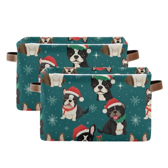 Dogs and Christmas Hat Storage Bins with Handle Fabric Organizer Basket Foldable Box 2 Pack 14.2x10.2x8.3