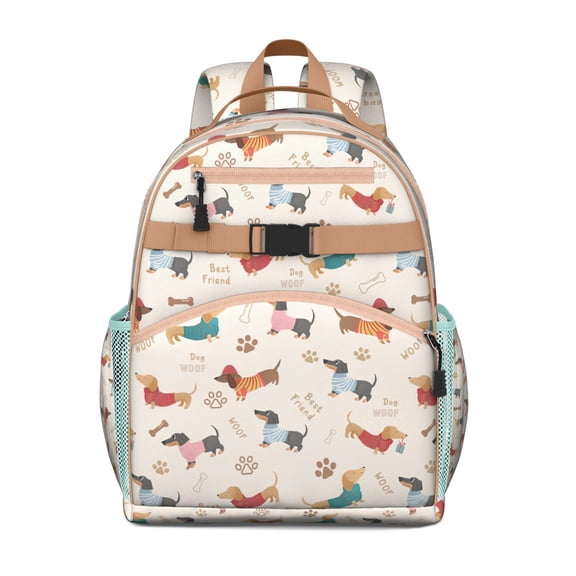 Dogs and Flowers Print Students Backpack Cartoon Dog Illustration with Floral and Geometric Patterns for Student