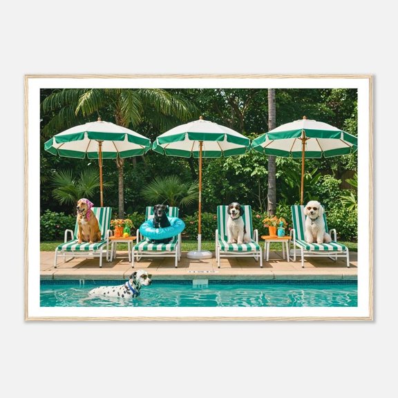 Dogs by Pool Print Retro Poolside Dogs Wall Art Luxury Beach House Decor Photography print Tropical Wall Decor