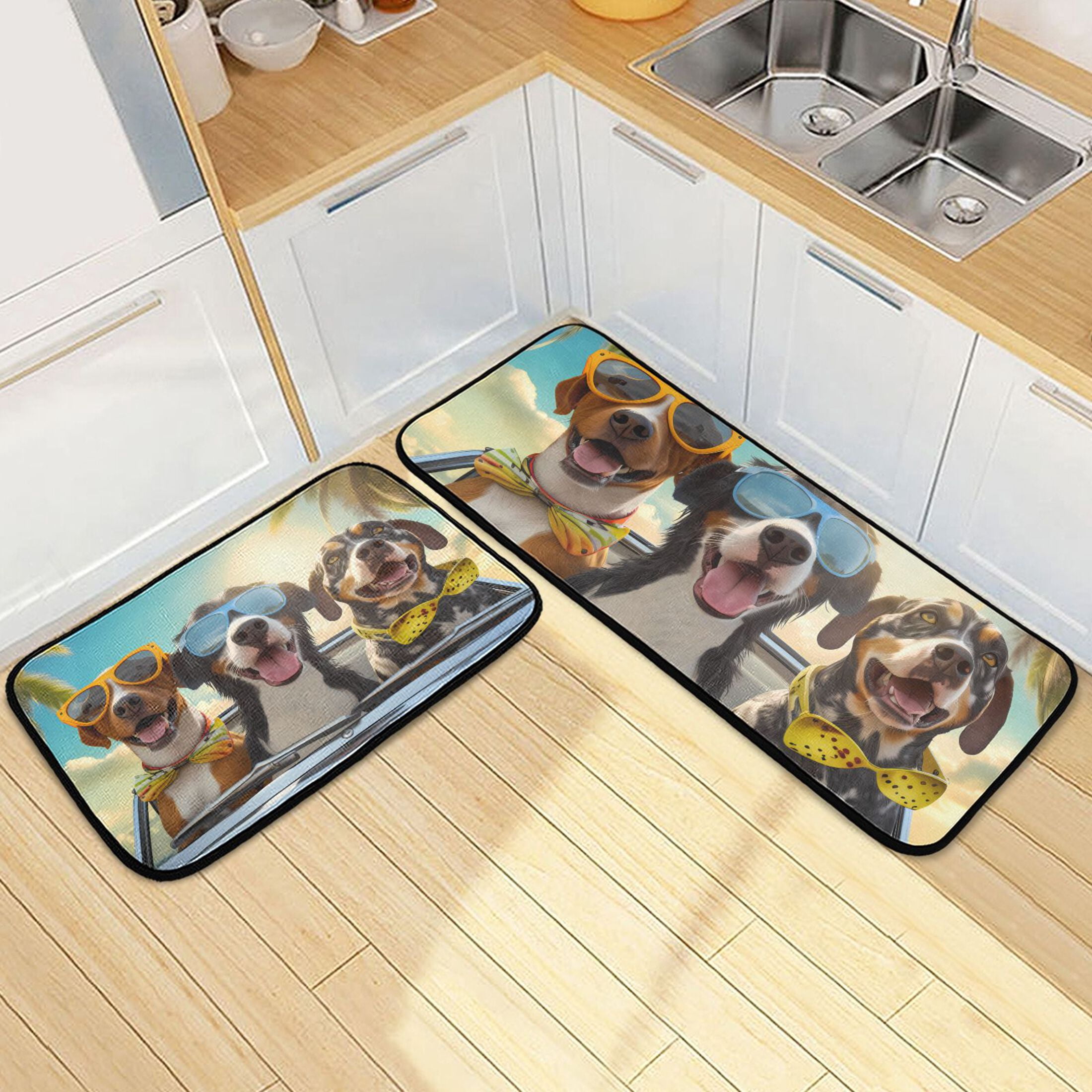 Dogs in Summer Driving Kitchen Rugs Set of 2 Non Slip Floor Foam Mat ...