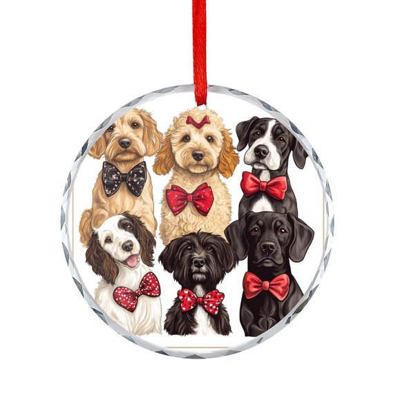 Dogs with Bows Ornament Lovely Dogs Pet Round Glass Hanging Ornament Hanging Ornaments Xmas Tree Decor for Family Friends Lovers
