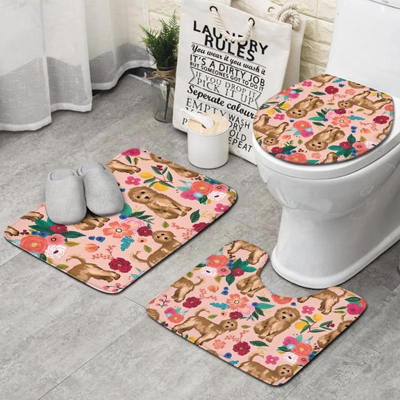 Dogs with Flowers Bathroom Rugs Sets 3 Piece,Toilet Cover Set,Absorbent Non Slip Bathroom Mats Sets with U-Shaped Contour Rug Toilet Rug Set