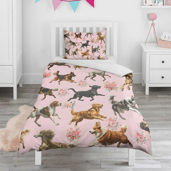 Dogs with Flowers Duvet Cover and Pillowcase Set for Single Bedding, Bedroom Accessories for Kids Teens