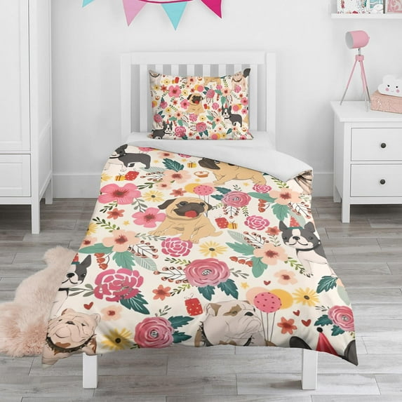 Dogs with Flowers Duvet Cover and Pillowcase Set for Single Bedding, Bedroom Accessories for Kids Teens