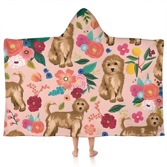 Dogs with Flowers Hooded Bath Towel，50"x30" for Ages 3 To 12 Kids, Quick Dry Lightweight Soft Microfiber Hood Beach Towel Cover Up for Kids