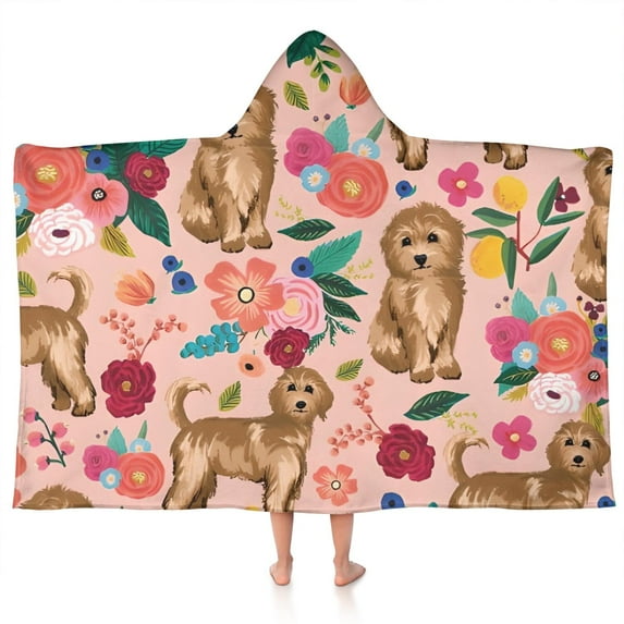 Dogs with Flowers Hooded Bath Towel,50"x30" for Ages 3 To 12 Kids, Quick Dry Lightweight Soft Microfiber Hood Beach Towel Cover Up for Kids