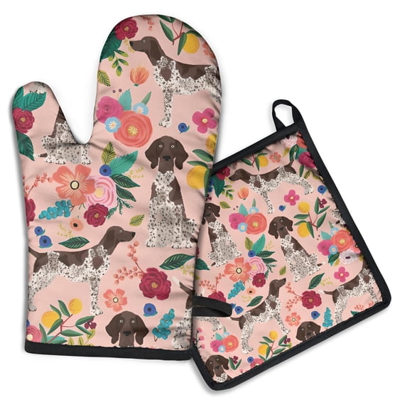 Dogs with Flowers Kitchen Oven Mitt and Pot Holder Sets 2 Pcs for Baking, Cooking and Grilling, Heat Resistant Up To 392 °F
