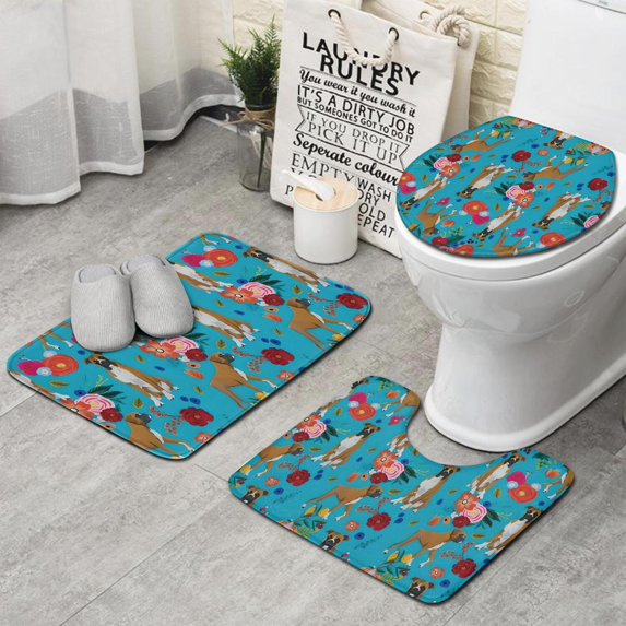 Dogs with Pioneer Flower Bathroom Rugs Sets 3 Piece,Toilet Cover Set,Absorbent Non Slip Bathroom Mats Sets with U-Shaped Contour Rug Toilet Rug Set