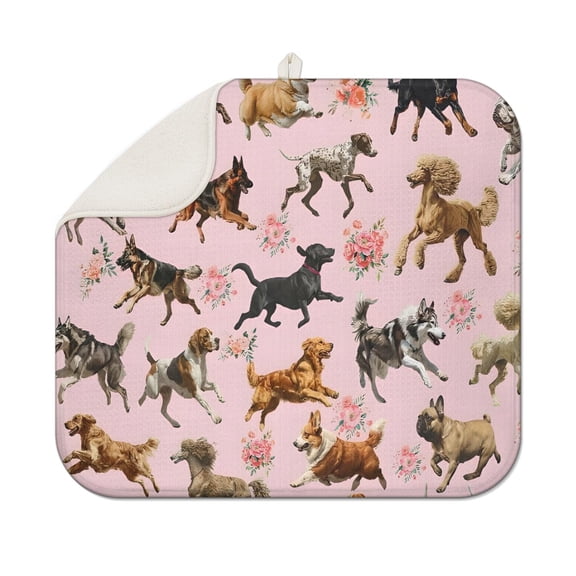 Dogs with Pioneer Flower Dish Drying Mat for Kitchen 1 Pack, Ultra Absorbent Microfiber Dishes Drainer Mats,16"x18"