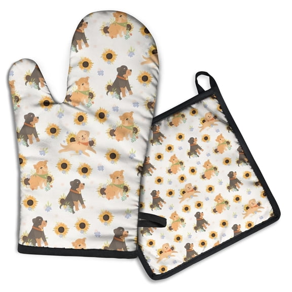 Dogs with Sunflowers Kitchen Oven Mitt and Pot Holder Sets 2 Pcs for Baking, Cooking and Grilling, Heat Resistant Up To 392 °F