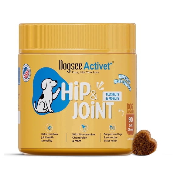 Dogsee Activet+ Dog Hip & Joint Supplement Chews, with Glucosamine, Chondroitin, MSM, Collagen & Omega 3, Mobility & Cartilage Support, Chicken Flavor – 90 Chews