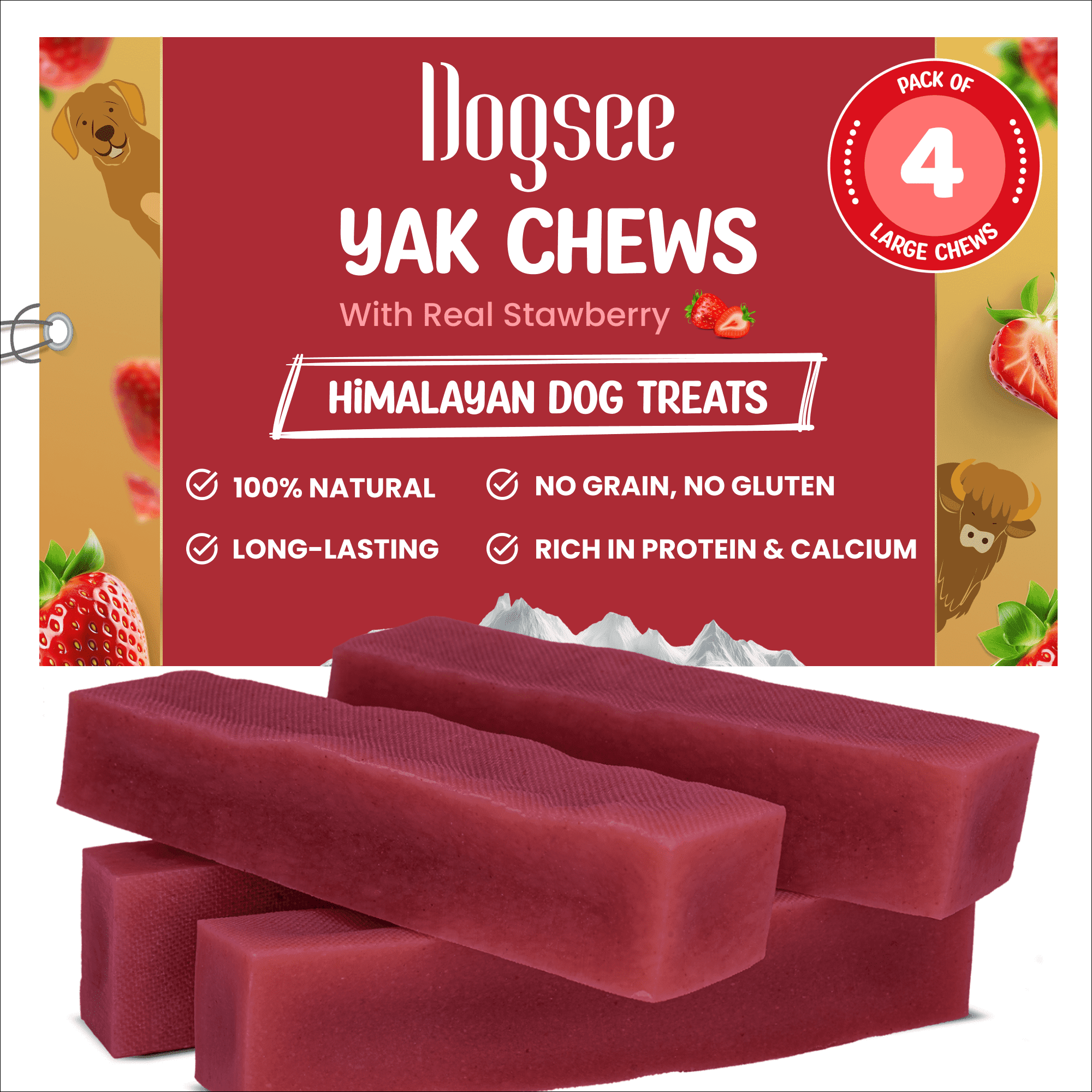 Dogsee Yak Cheese Chews Large Dogs Strawberry Dental Care Immunity 4 Bars