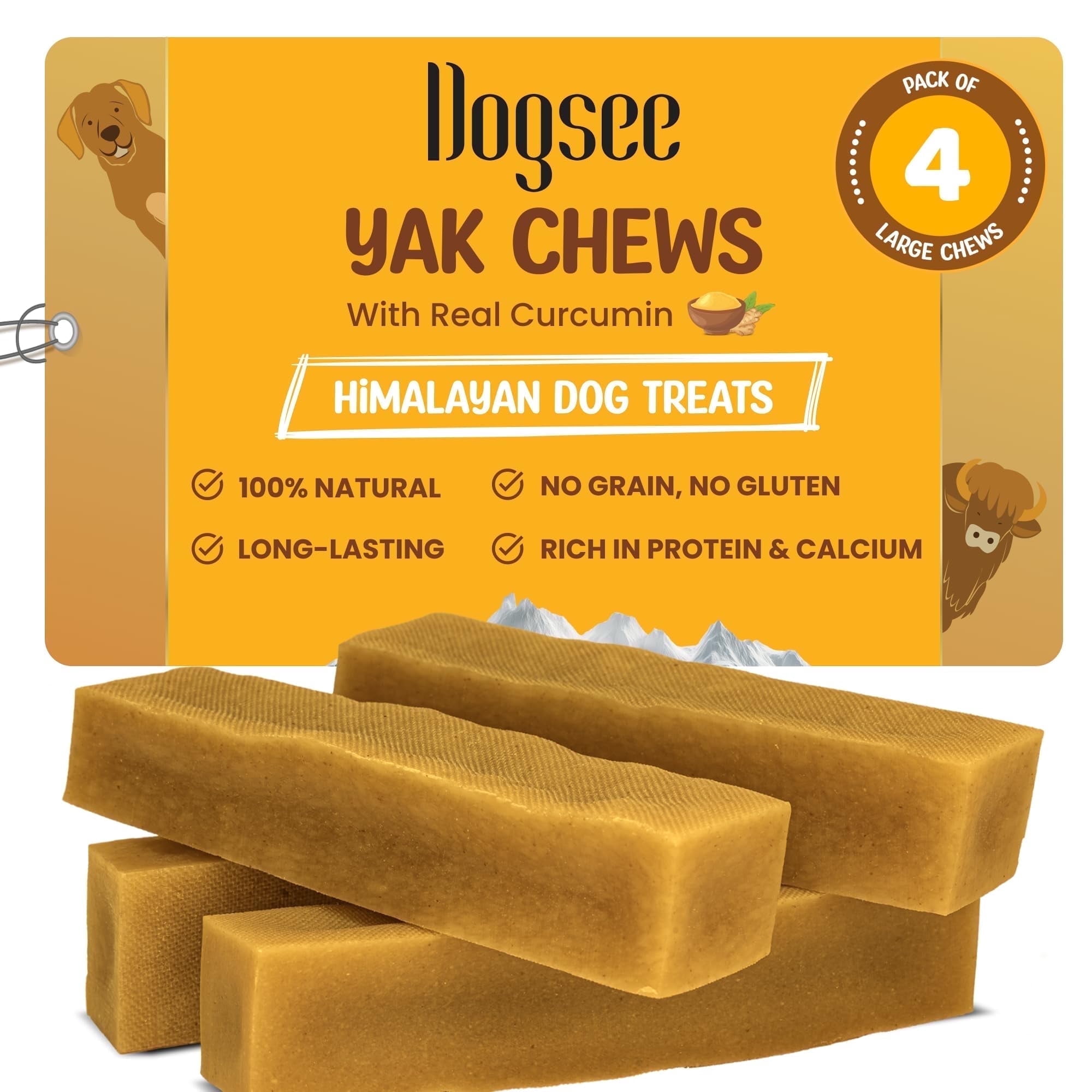 Dogsee Yak Cheese Chews Large Dogs Turmeric Joint Support Dental 1 lb 4 Chews