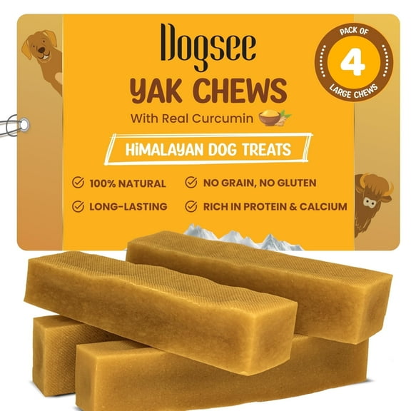 Dogsee Himalayan Yak Cheese Dog Chews with Turmeric/Curcumin 1lb (Large - 4 Chews) | Healthy Dog Treats | Hip & Joint Health Support for Dogs | Long Lasting Dental Dog Chews