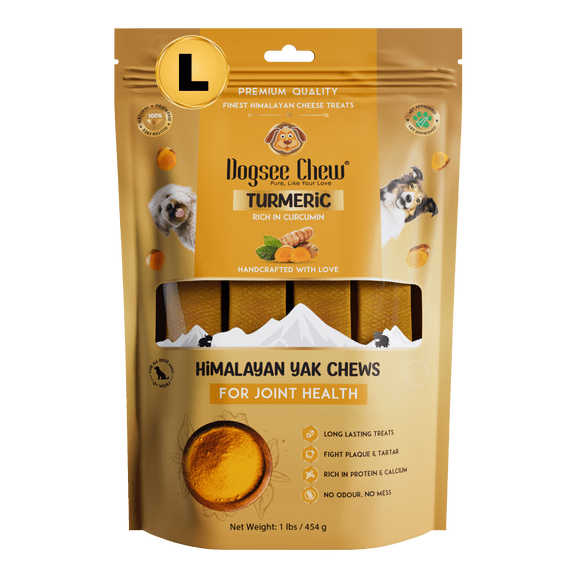 Dogsee Yak Cheese Chews Large Dogs Turmeric Joint Support Dental 1 lb 4 Chews