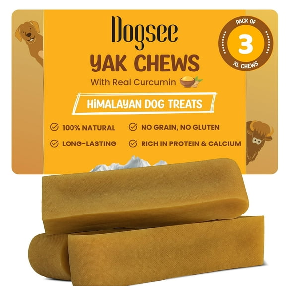 Dogsee Himalayan Yak Chews with Turmeric/Curcumin 1lb (XL - 3 Chews) | Yak Chews for Large Dogs | Dog Treats for Large Dogs | Help Alleviate Joint Pain | Dog Chews Rawhide-Free