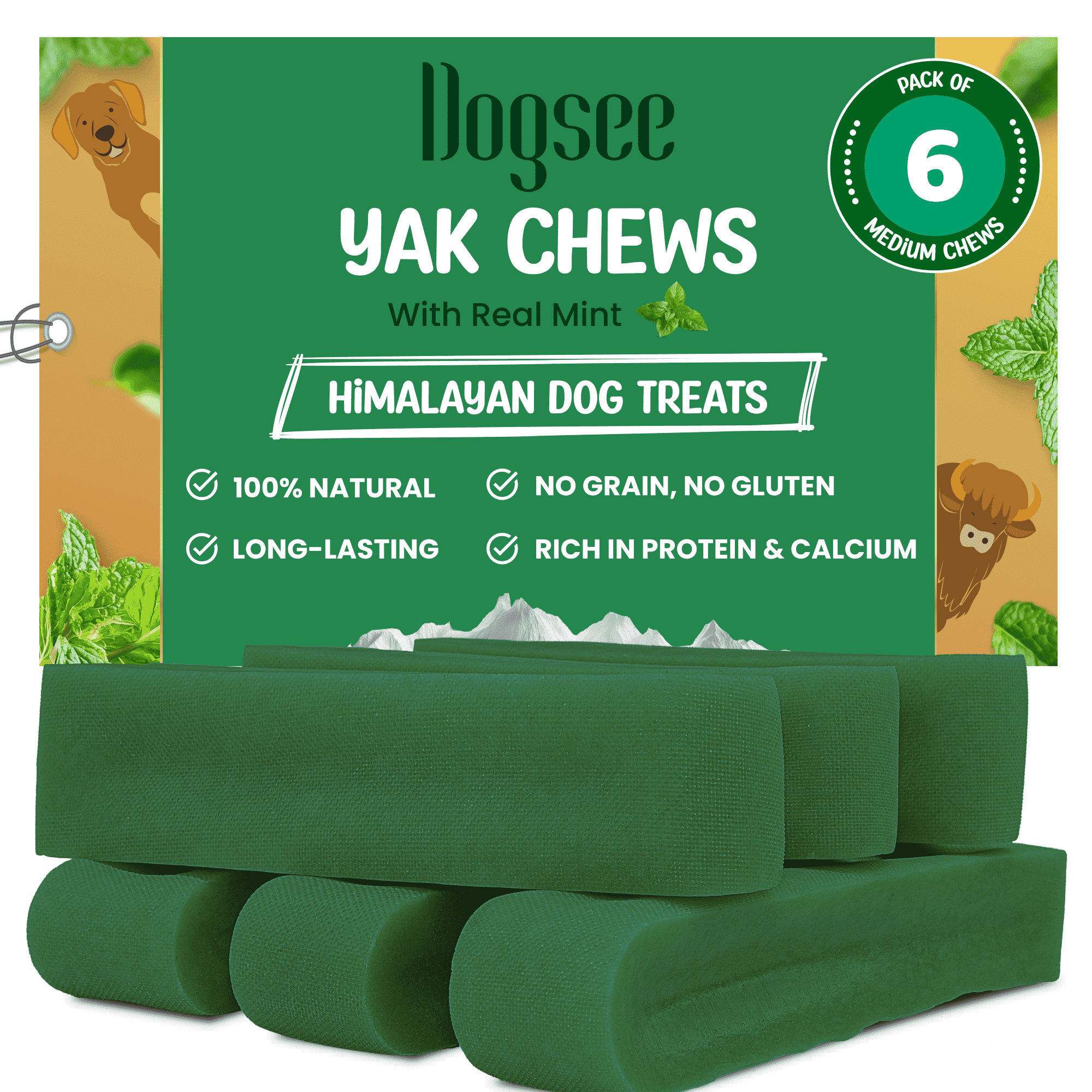 Dogsee Mint Yak Cheese Dental Chews Medium Dogs 1 lb 6 Odorless Bars
