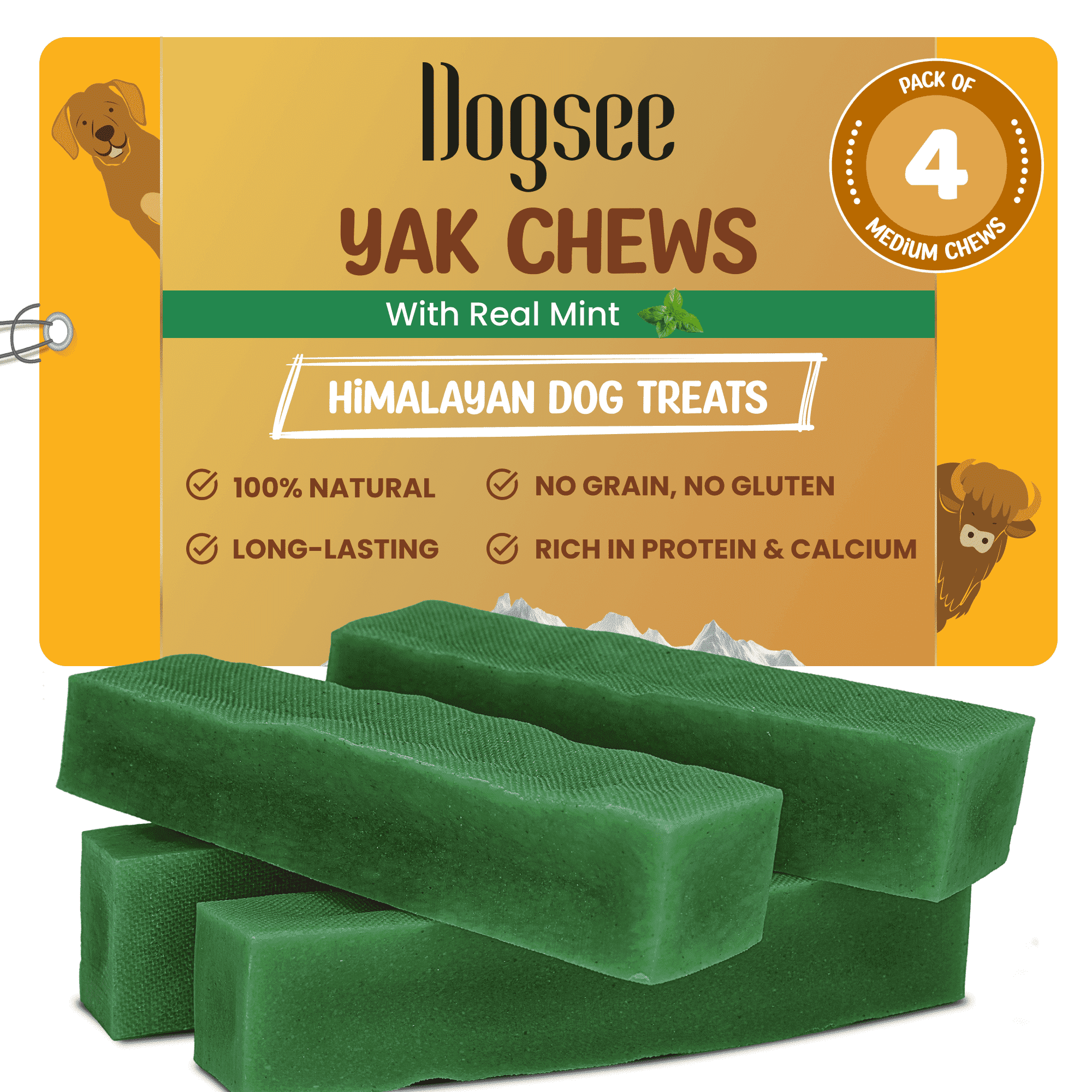 Dogsee Mint Yak Cheese Chews Medium Dogs Dental Odorless Long Lasting 4 Bars