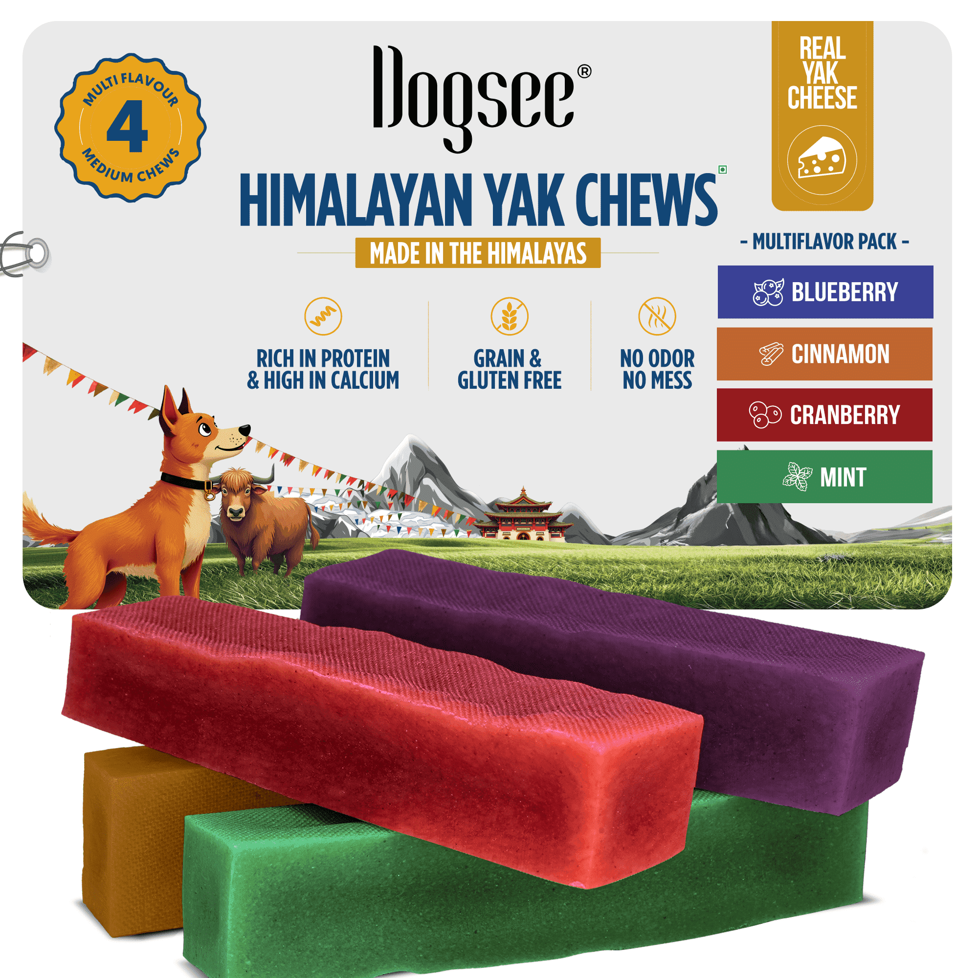 Dogsee Multiflavor Yak Cheese Dental Chews Medium Dogs 280 g 4 Bars Rawhide Free