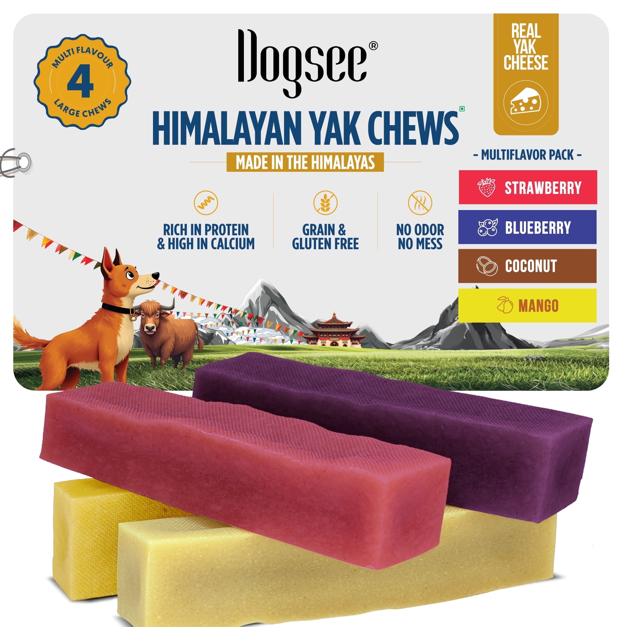 Dogsee Yak Chews Large Dogs Multiflavor Dental Care Long Lasting 1 lb 4 Chews