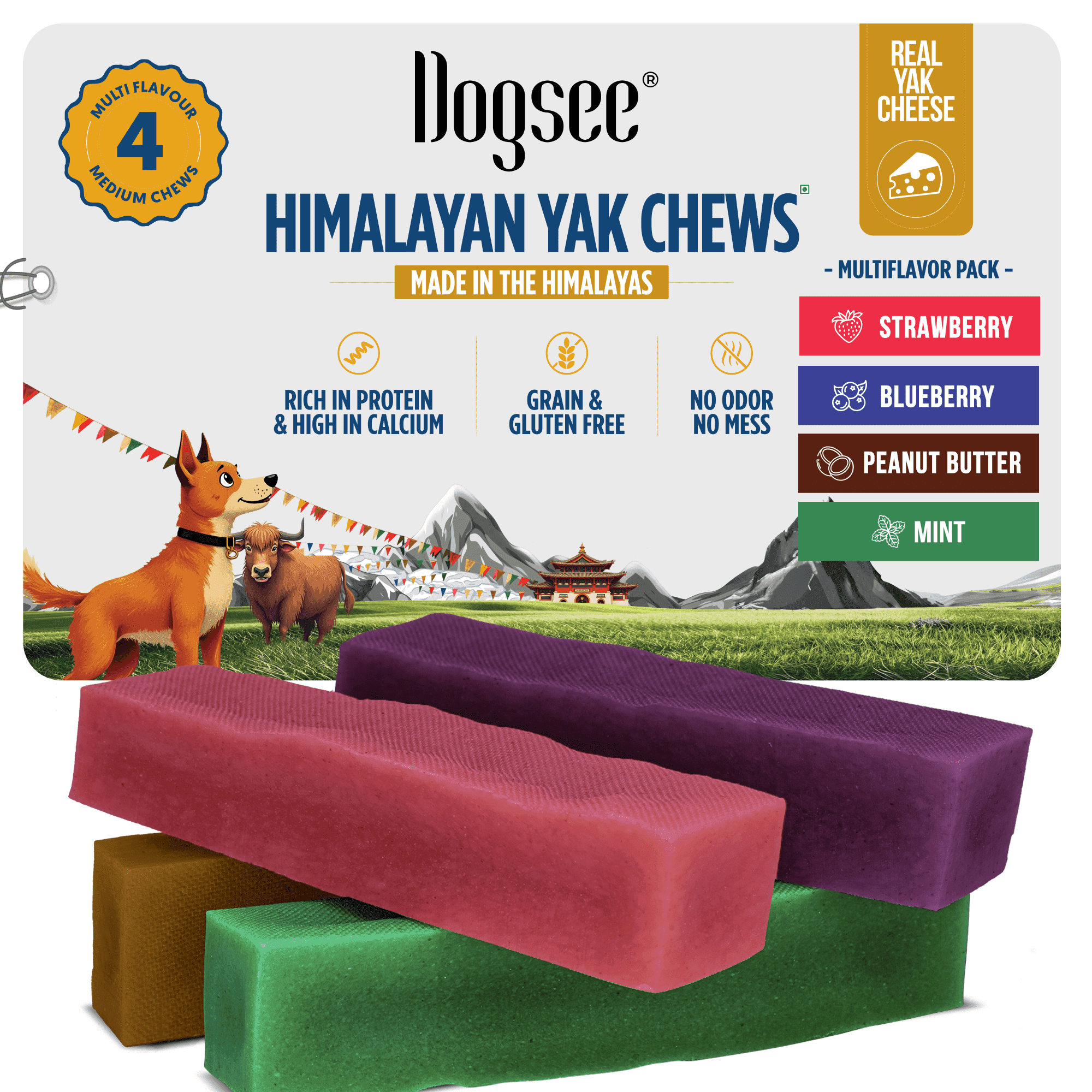 Dogsee Multiflavor Yak Chews Medium Dogs Dental Chews Rawhide Free 280 g 4 Bars