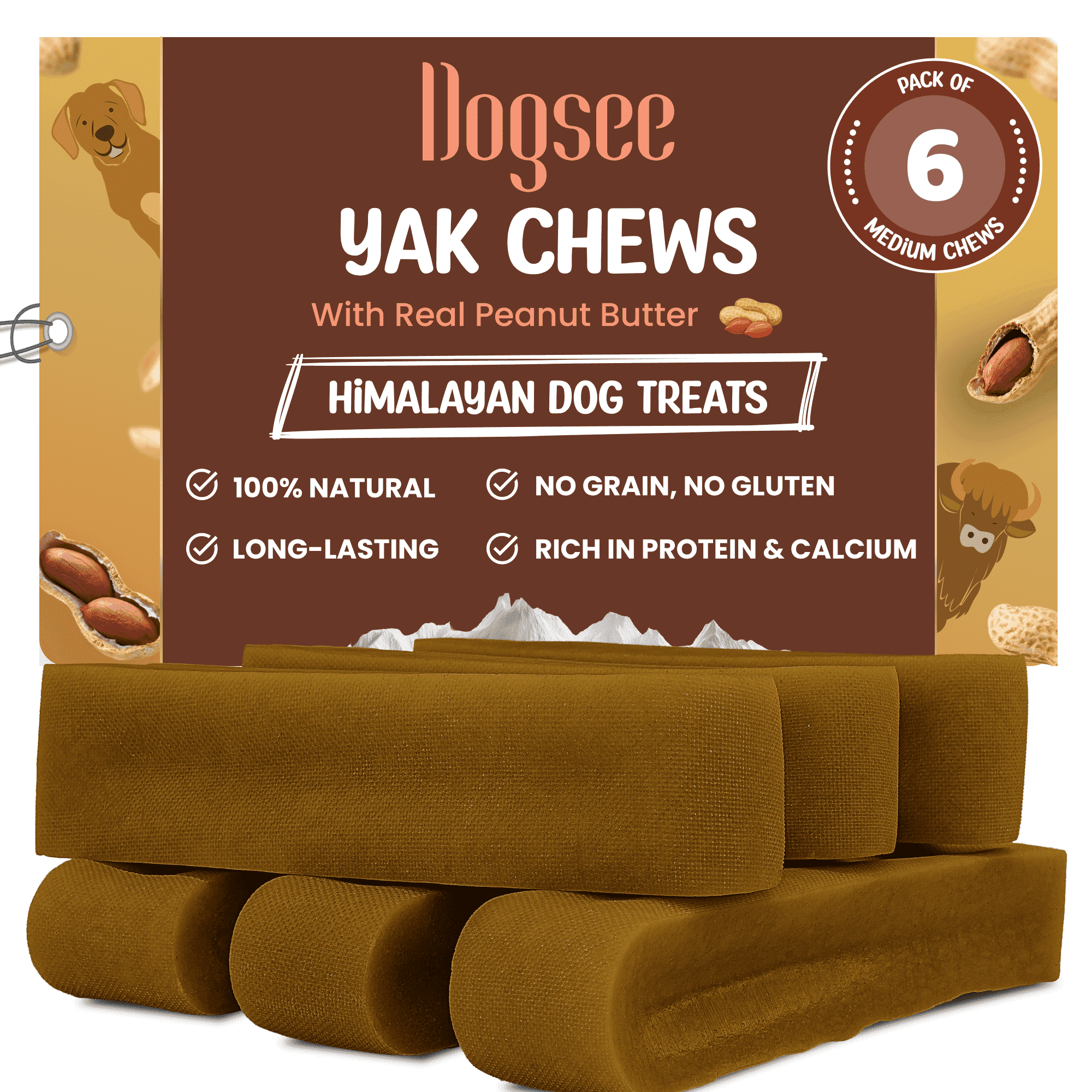 Dogsee Yak Cheese Chews Medium Dogs Peanut Butter For Healthy Skin And Coat 1 lb