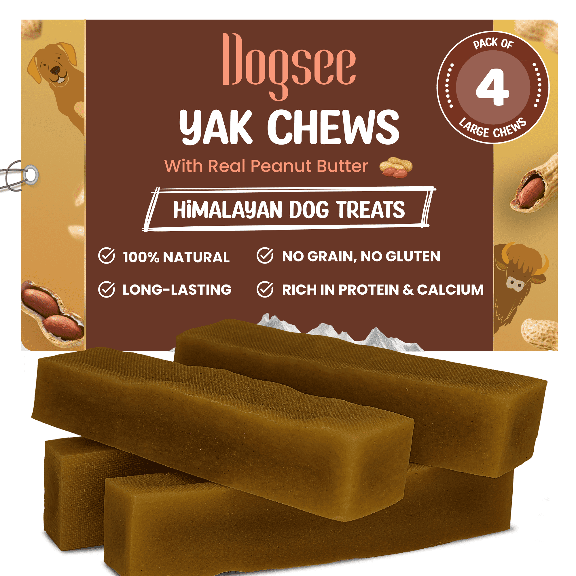 Dogsee Himalayan Yak Chew with Peanut Butter 1lb (Large - 4 Chews) | Support Muscle Growth in Dogs | Fights Plaque & Tartar | Dog Treats Healthy | Dog Chews for Teeth Cleaning