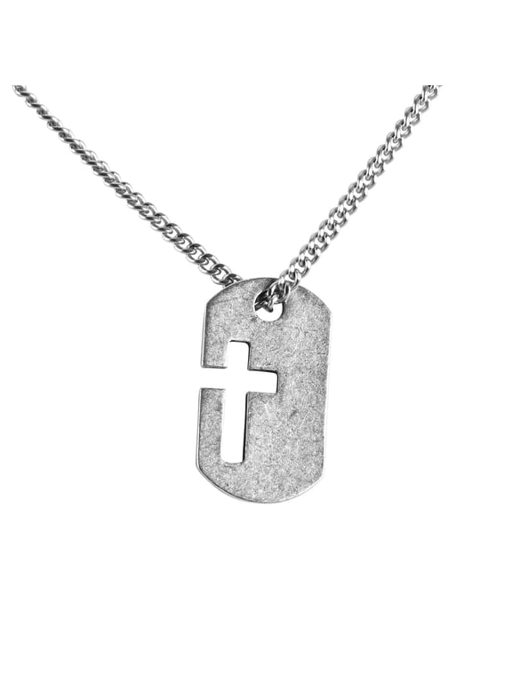 37-9412 Curb Chain Dogtag Cutout Cross, Silver Tone, 24 Inch, Pewter Men's Everyday Necklace,