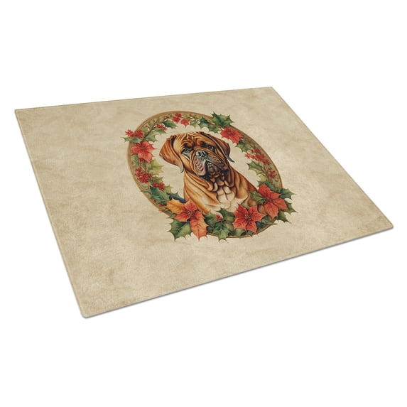 Dogue de Bordeaux Christmas Flowers Glass Cutting Board 12 in x 15 in