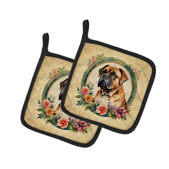 Dogue de Bordeaux and Flowers Pair of Pot Holders