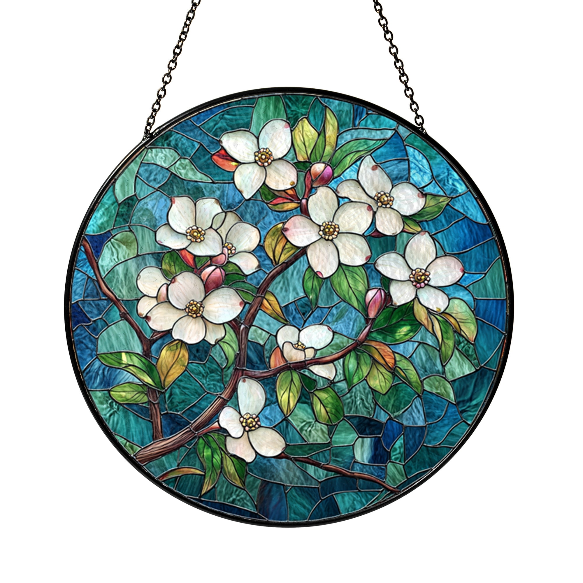Dogwood Faux Stained Glass Panel, Botanical Window Decoration