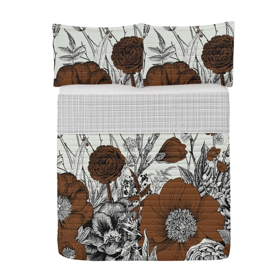 Dogwood Flower Reversible Bedspread Set, Retro Spring Bush Cherry Bloom Branches Peony Spirea Leaf Twig Botanical, Pillow Shams & Comforter Microfiber Bedding Set, 3 Sizes, Chocolate, by Ambesonne