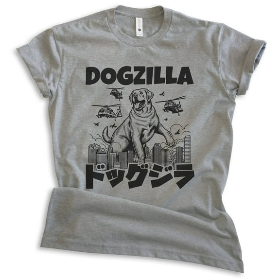 Dogzilla Dog T-shirt, Unisex Women's Men's Shirt, Funny Dog Doggie Pup Puppy Kaiju Labrador Golden, Dark Heather Gray, Medium