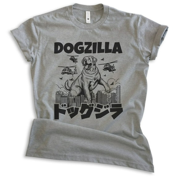 Dogzilla Dog T-shirt, Unisex Women's Men's Shirt, Funny Dog Doggie Pup Puppy Kaiju Labrador Golden, Dark Heather Gray, X-Small