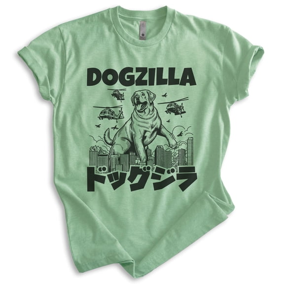 Dogzilla Dog T-shirt, Unisex Women's Men's Shirt, Funny Dog Doggie Pup Puppy Kaiju Labrador Golden, Heather Apple Green, X-Large
