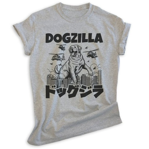 Dogzilla Dog T-shirt, Unisex Women's Men's Shirt, Funny Dog Doggie Pup Puppy Kaiju Labrador Golden, Heather Gray, Small