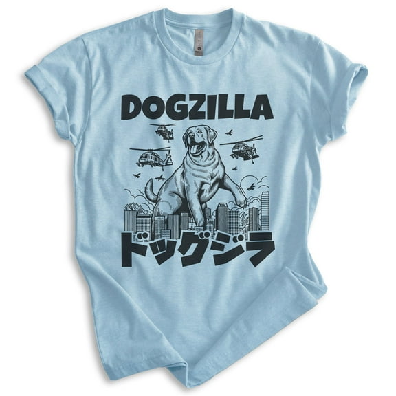 Dogzilla Dog T-shirt, Unisex Women's Men's Shirt, Funny Dog Doggie Pup Puppy Kaiju Labrador Golden, Heather Light Blue, X-Large