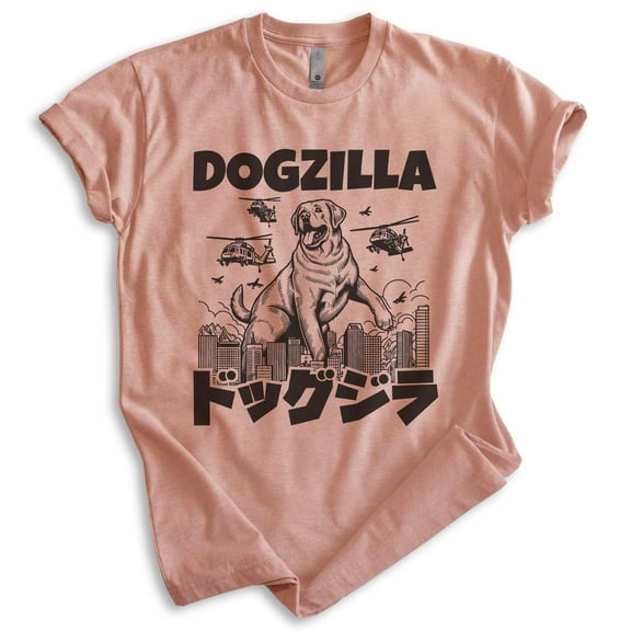 Dogzilla Dog T-shirt, Unisex Women's Men's Shirt, Funny Dog Doggie Pup Puppy Kaiju Labrador Golden, Heather Sunset, Medium