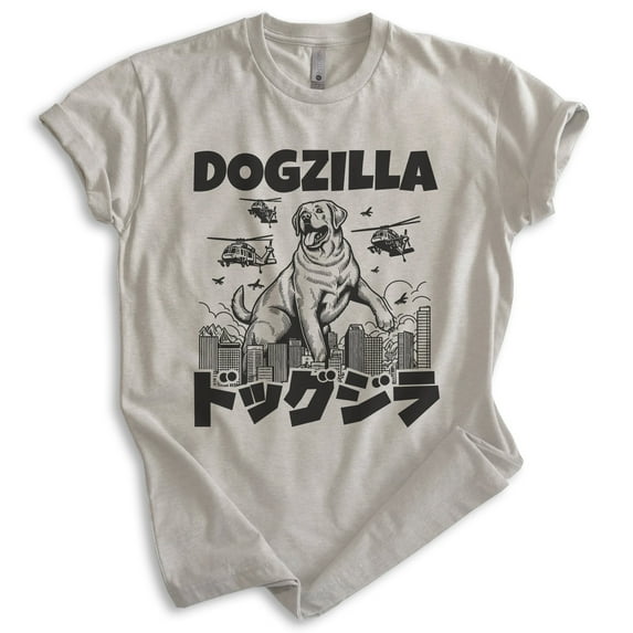 Dogzilla Dog T-shirt, Unisex Women's Men's Shirt, Funny Dog Doggie Pup Puppy Kaiju Labrador Golden, Light Silk Gray, Large