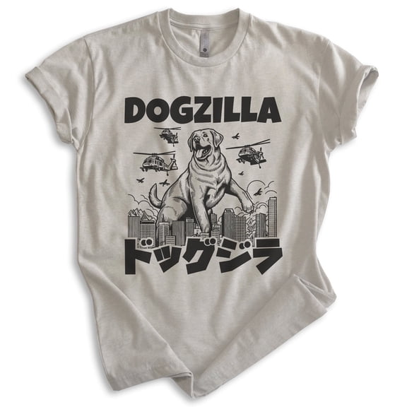Dogzilla Dog T-shirt, Unisex Women's Men's Shirt, Funny Dog Doggie Pup Puppy Kaiju Labrador Golden, Light Silk Gray, Small