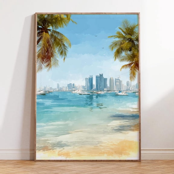 Doha Qatar Modern Skyline Coastline Travel Scenery Wall Art, Stretched Canvas Size 8x12