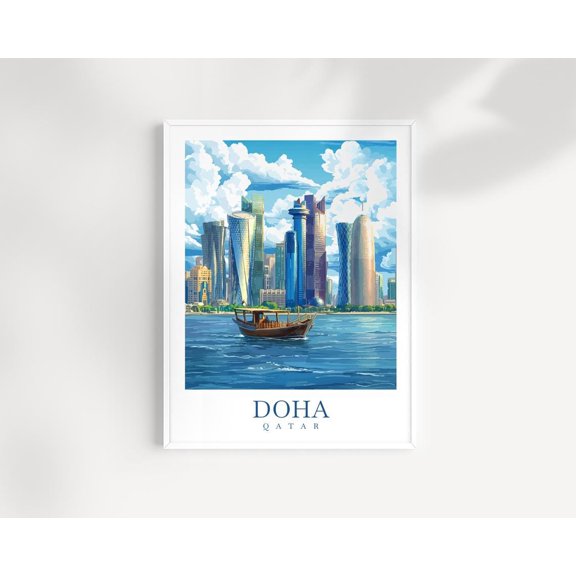 Doha Qatar Modern Skyline Desert Coast Wall Art Print, Travel Home Decor