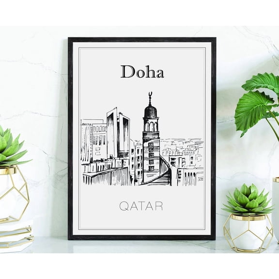 Doha Qatar Travel Wall Art Print With Hand Drawn Cityscape Landmark Map