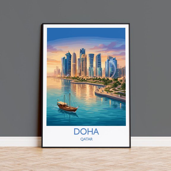 Doha Qatar Wall Art Print, Arabian Gulf Skyline And Middle East City Decor